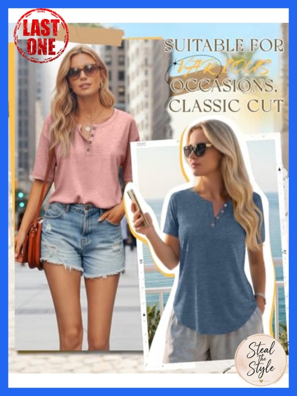3 Pack Women's Henley Shirts Tunic Tops Loose Fit Curved Hem Short Sleeve - Picture 4 of 6